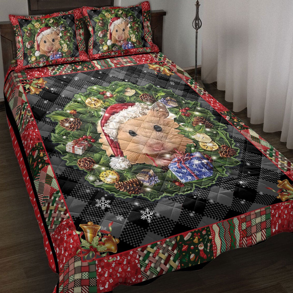 Hamster Quilt Set, Hamster Wearingmas Hat Wreath Hamster Quilt Blanket