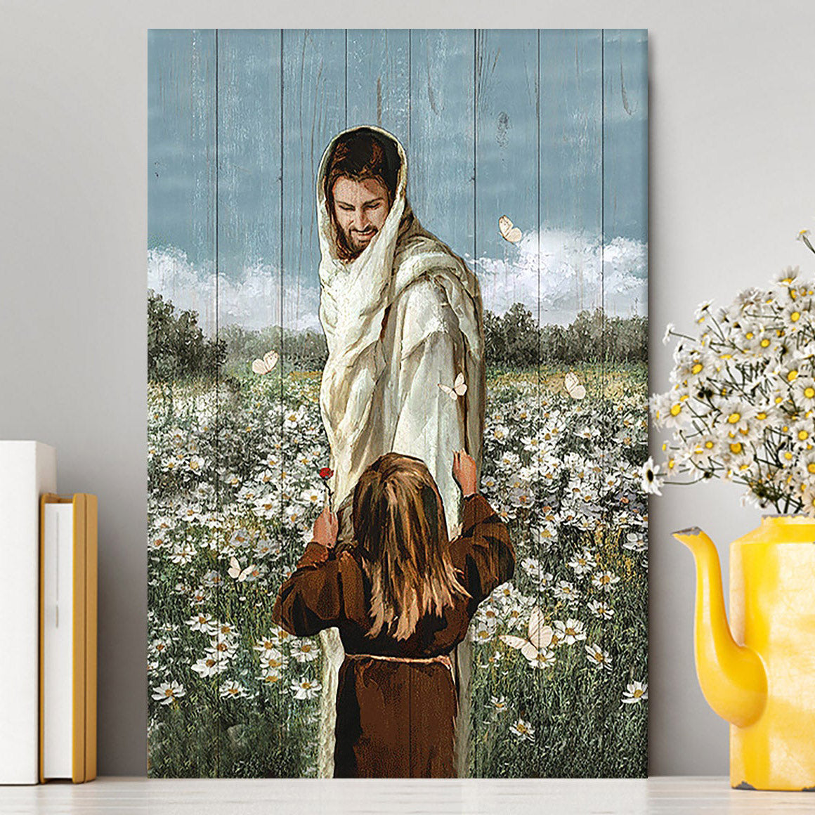 Happy Jesus Little Girl Daisy Field White Butterfly Canvas - Christian Wall Art - Religious Home Decor