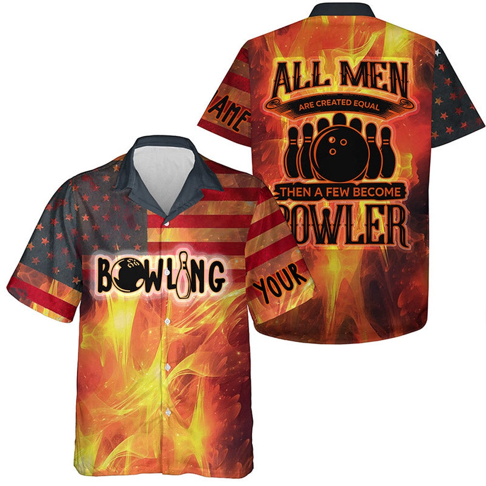 Hawaiian Bowling Shirt, American Flag Flame Bowling Custom Hawaiian Shirts, Custom Bowling Shirt, Button Up Bowling Shirts