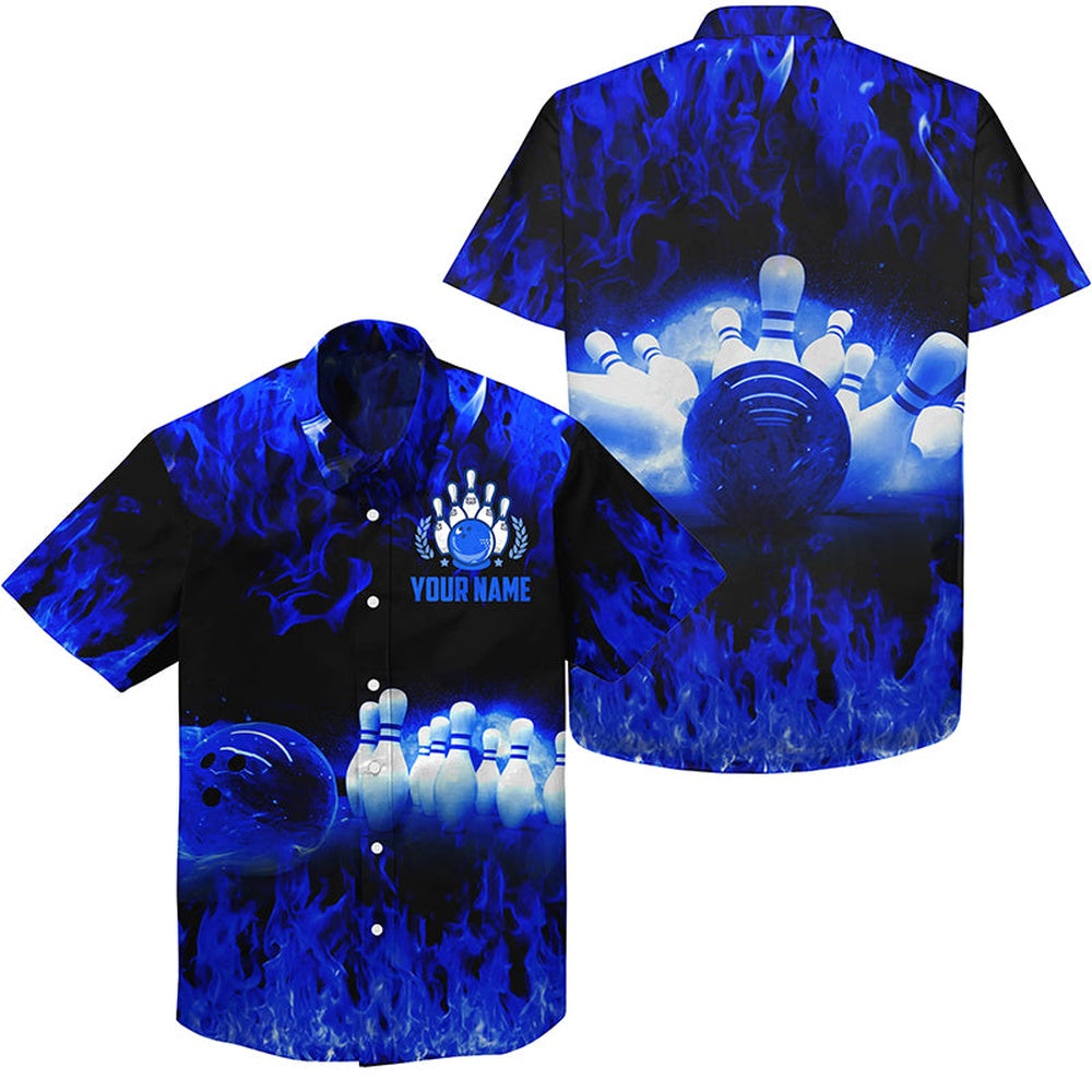 Hawaiian Bowling Shirt, Blue Flame Hawaiian Bowling Shirts, Custom Bowling Shirt, Button Up Bowling Shirts