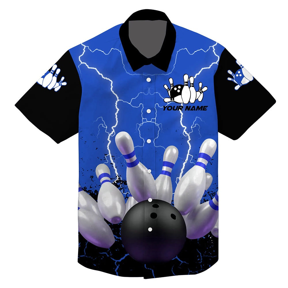 Hawaiian Bowling Shirt, Blue Lightning Hawaiian Bowling Shirts, Custom Bowling Shirt, Button Up Bowling Shirts
