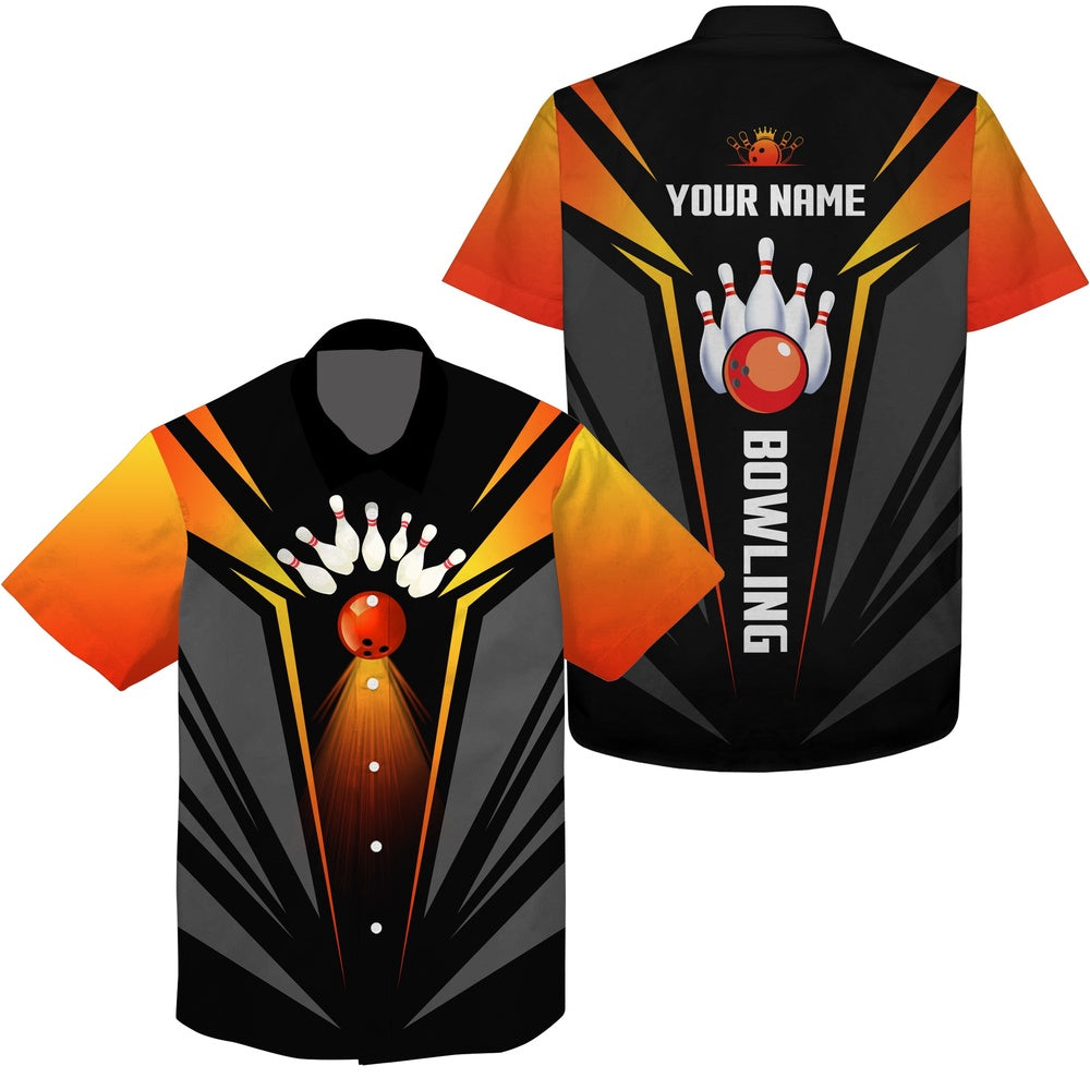 Hawaiian Bowling Shirt, Bowling Ball And Pins Team Shirt, Black Orange Bowl Shirts, Custom Bowling Shirt, Button Up Bowling Shirts