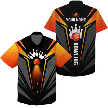 Hawaiian Bowling Shirt, Bowling Ball And Pins Team Shirt, Black Orange Bowl Shirts, Custom Bowling Shirt, Button Up Bowling Shirts