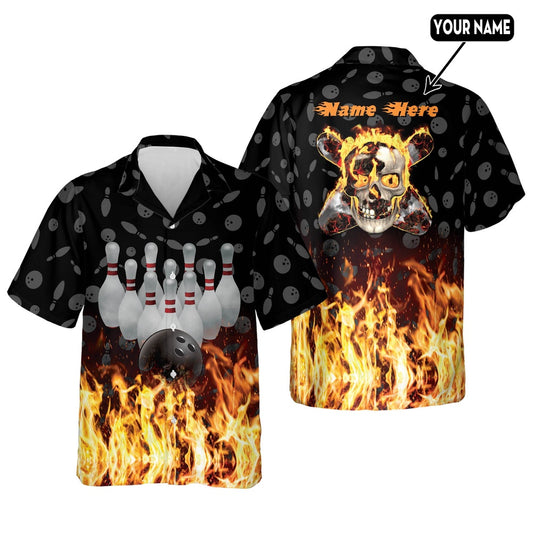 Hawaiian Bowling Shirt, Flame Skull Button-Down Hawaiian Shirt, Custom Bowling Shirt, Button Up Bowling Shirts