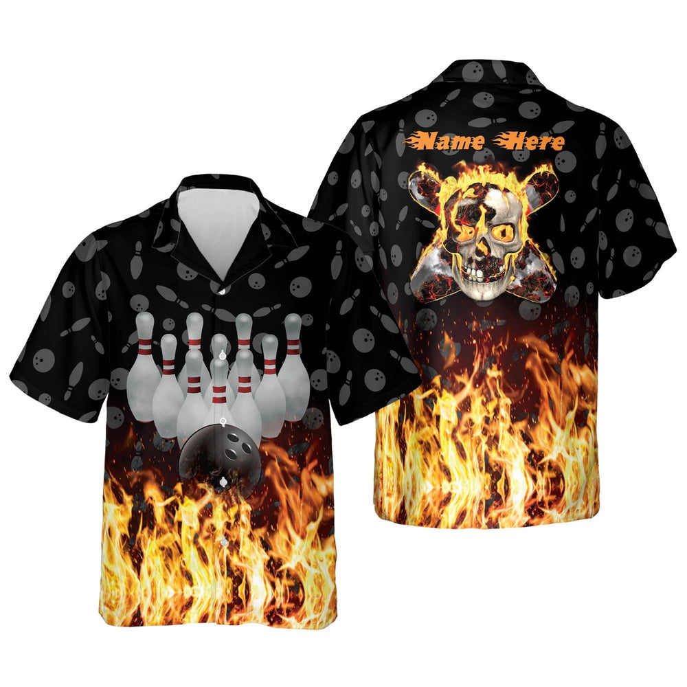 Hawaiian Bowling Shirt, Flame Skull Button-Down Hawaiian Shirt, Custom Bowling Shirt, Button Up Bowling Shirts