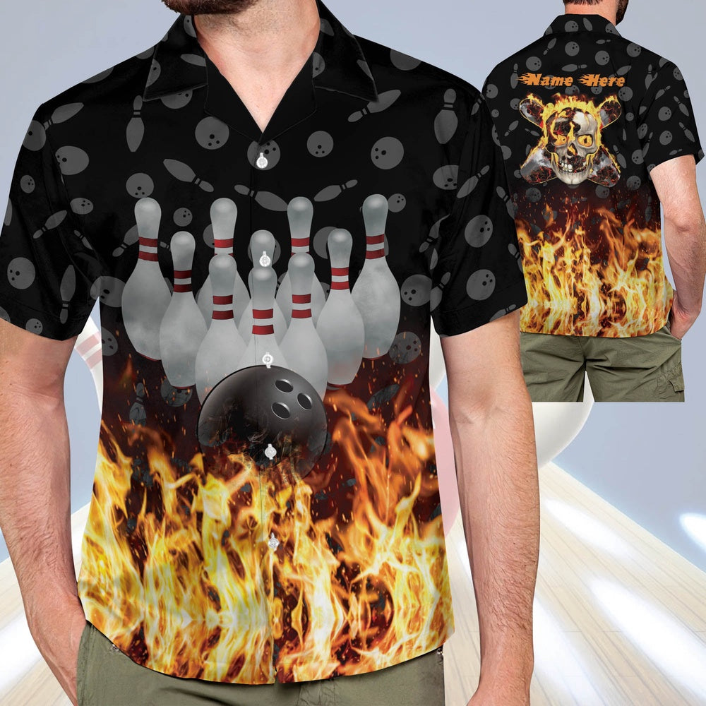 Hawaiian Bowling Shirt, Flame Skull Button-Down Hawaiian Shirt, Custom Bowling Shirt, Button Up Bowling Shirts