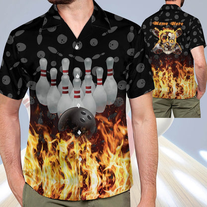 Hawaiian Bowling Shirt, Flame Skull Button-Down Hawaiian Shirt, Custom Bowling Shirt, Button Up Bowling Shirts