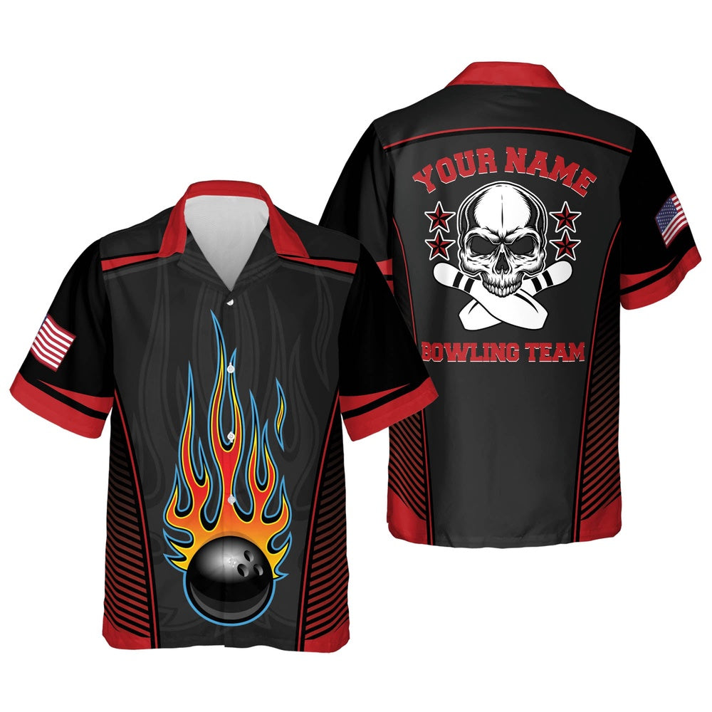 Hawaiian Bowling Shirt, Flame Skull Button-UpHawaiian Shirt, Custom Bowling Shirt, Button Up Bowling Shirts
