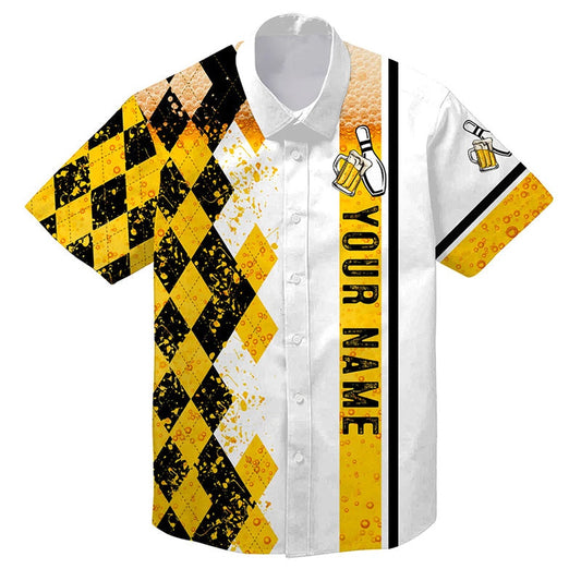 Hawaiian Bowling Shirt, Funny Black And Yellow Argyle Pattern Bowling Beer Hawaiian Shirts, Custom Bowling Shirt, Button Up Bowling Shirts