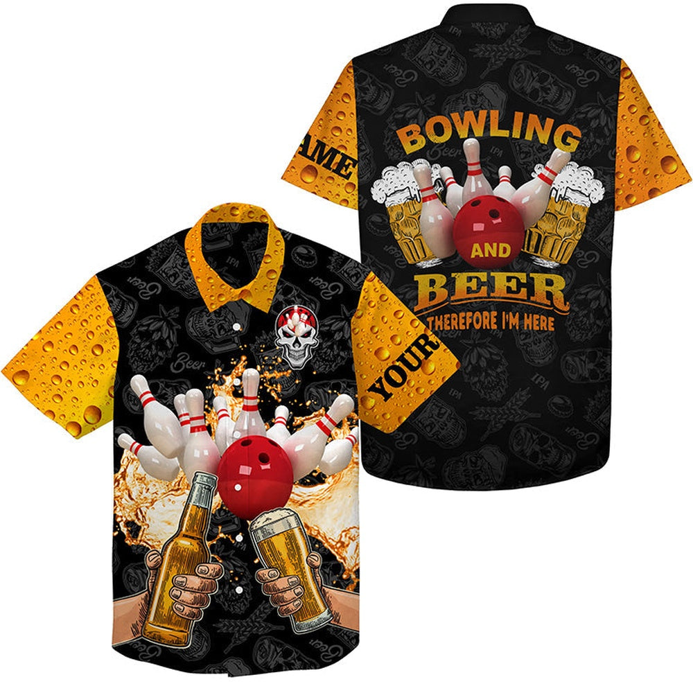Hawaiian Bowling Shirt, Funny Bowling Beer Skull Hawaiian Bowling Shirts, Custom Bowling Shirt, Button Up Bowling Shirts