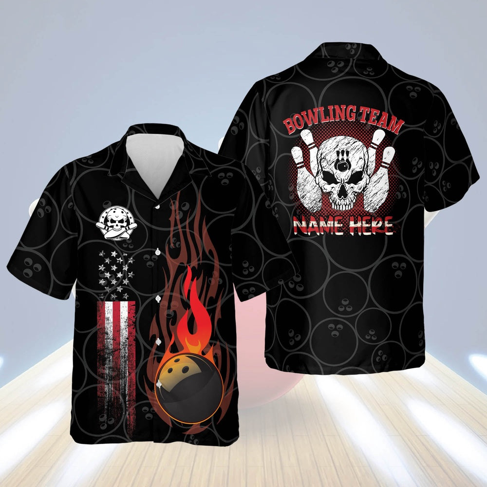 Hawaiian Bowling Shirt, Funny Flame Skull Bowling Shirt, Custom Bowling Shirt, Button Up Bowling Shirts