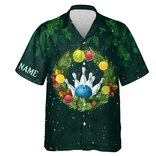 Hawaiian Bowling Shirt, Green Christmas Wreath Men Bowling Button Hawaiian Shirt, Custom Bowling Shirt, Button Up Bowling Shirts