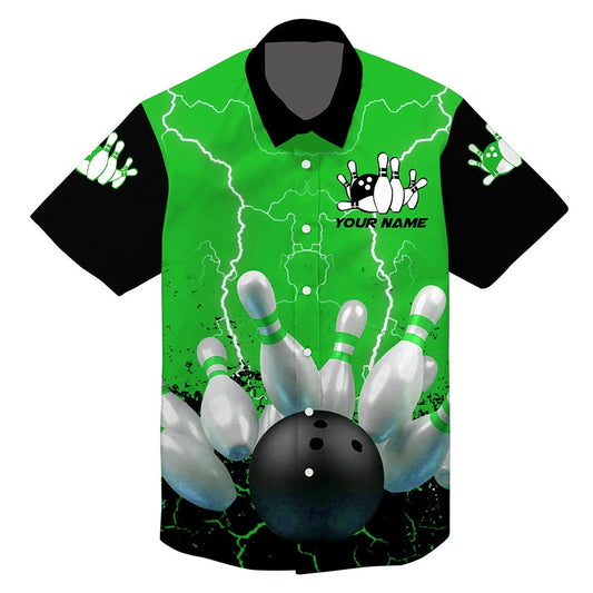 Hawaiian Bowling Shirt, Green Lightning Hawaiian Bowling Shirts, Custom Bowling Shirt, Button Up Bowling Shirts