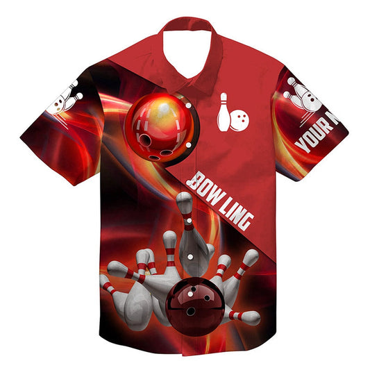 Hawaiian Bowling Shirt, Hawaiian Bowling Shirts Custom Name Red Flame Bowling Shirtst, Custom Bowling Shirt, Button Up Bowling Shirts