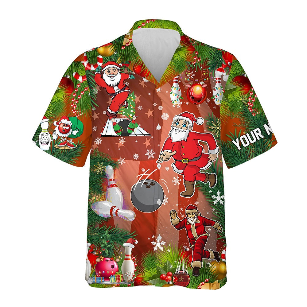 Hawaiian Bowling Shirt, Personalized 3D Bowling Hawaiian Shirts, Custom American Flag Santa Christmas Team Button Up Shirts