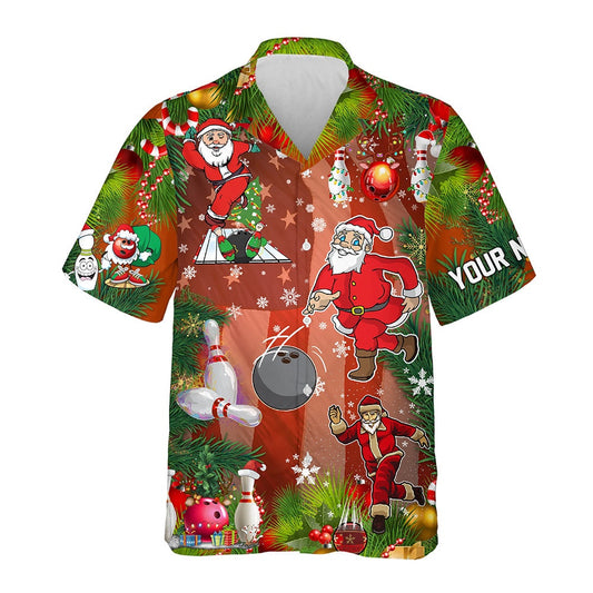 Hawaiian Bowling Shirt, Personalized 3D Bowling Hawaiian Shirts, Custom American Flag Santa Christmas Team Button Up Shirts