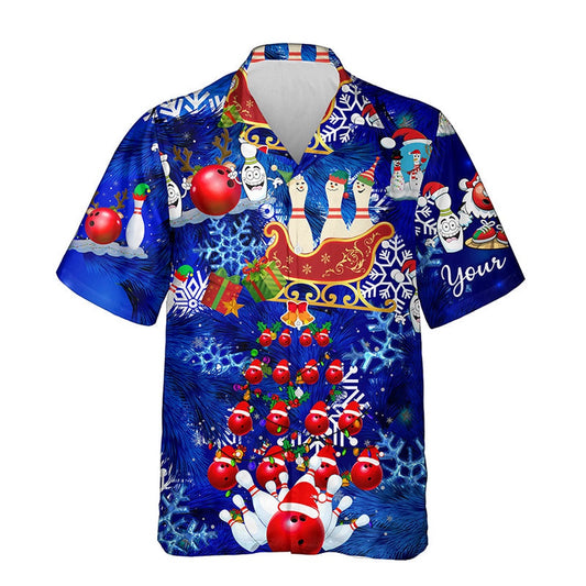 Hawaiian Bowling Shirt, Personalized Blue Christmas Pattern Bowling Santa Hawaiian Shirts, Custom Bowling Shirt, Button Up Bowling Shirts
