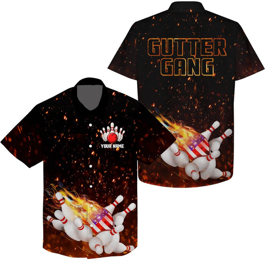Hawaiian Bowling Shirt, Personalized Flame American Flag Bowling Hawaiian Shirt, Custom Gutter Gang Team Bowling Shirts, Button Up Bowling Shirts
