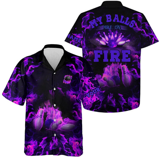Hawaiian Bowling Shirt, Purple Flame Bowling Shirts Custom My Balls Are On Fire Hawaiian Shirt, Custom Bowling Shirt, Button Up Bowling Shirts