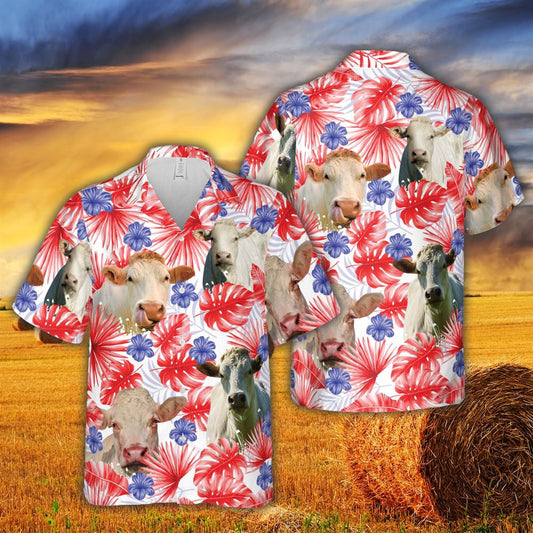 Hawaiian Cow Shirt, American Colors Charolais Cattle All Printed 3D Hawaiian Shirt For Men And Women, Animal Hawaiian Shirts, Farmer Shirts