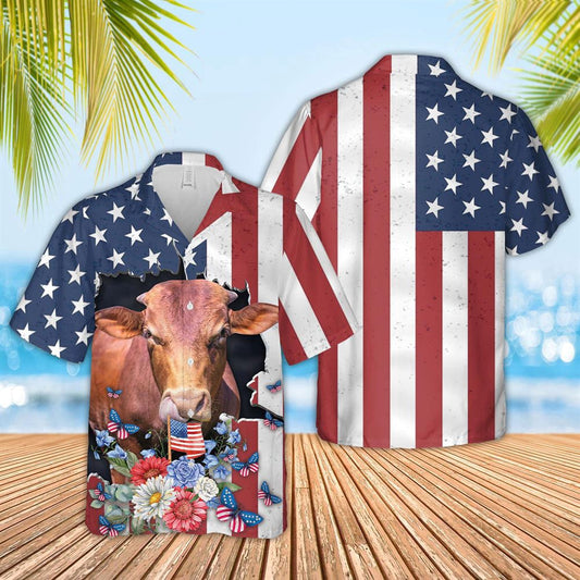 Hawaiian Cow Shirt, Beefmaster 4Th Of July 3D Hawaiian Shirt, Animal Hawaiian Shirts, Farmer Shirts