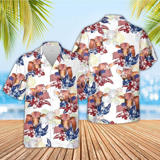 Hawaiian Cow Shirt, Beefmaster American Flowers And Flag Pattern Hawaiian Shirt, Animal Hawaiian Shirts, Farmer Shirts