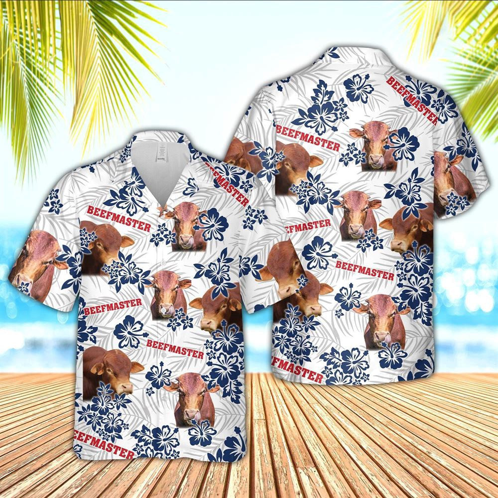 Hawaiian Cow Shirt, Beefmaster American White Flowers Pattern Hawaiian Shirt, Animal Hawaiian Shirts, Farmer Shirts