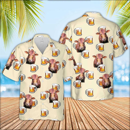 Hawaiian Cow Shirt, Beefmaster Cattle Drink Beer Pattern Hawaiian Shirt, Animal Hawaiian Shirts, Farmer Shirts