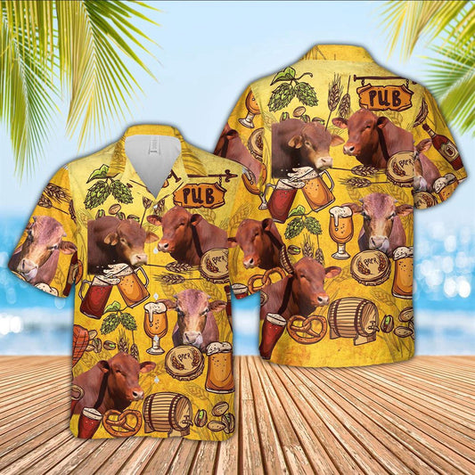 Hawaiian Cow Shirt, Beefmaster Drink Beer Pattern 3D Hawaiian Shirt, Animal Hawaiian Shirts, Farmer Shirts