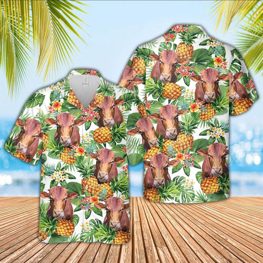 Hawaiian Cow Shirt, Beefmaster Pineapple Pattern 3D Hawaiian Shirt, Animal Hawaiian Shirts, Farmer Shirts
