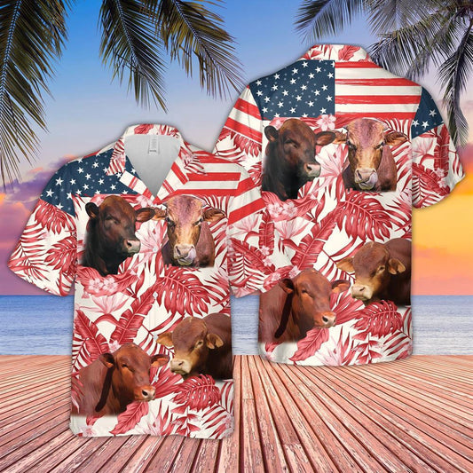Hawaiian Cow Shirt, Beefmaster Red Floral Us Flag 3D Hawaiian Shirt, Animal Hawaiian Shirts, Farmer Shirts