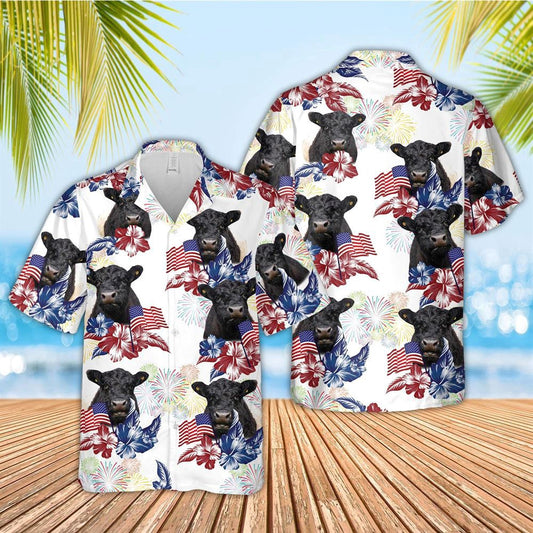 Hawaiian Cow Shirt, Belted Galloway American Flowers And Flag Pattern Hawaiian Shirt, Animal Hawaiian Shirts, Farmer Shirts