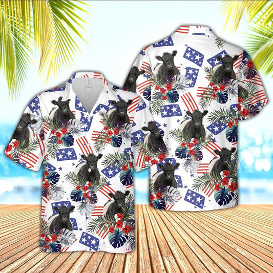 Hawaiian Cow Shirt, Belted Galloway American Little Flowers And Flag Pattern Hawaiian Shirt, Animal Hawaiian Shirts, Farmer Shirts