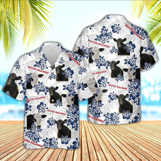 Hawaiian Cow Shirt, Belted Galloway American White Flowers Pattern Hawaiian Shirt, Animal Hawaiian Shirts, Farmer Shirts