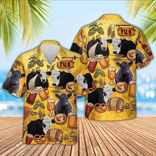 Hawaiian Cow Shirt, Belted Galloway Drink Beer Pattern 3D Hawaiian Shirt, Animal Hawaiian Shirts, Farmer Shirts