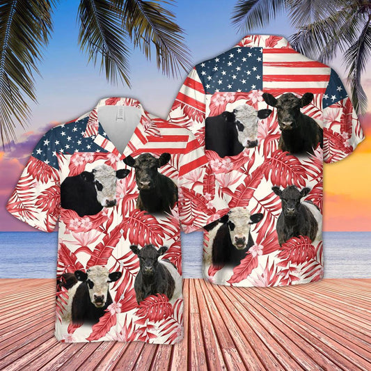 Hawaiian Cow Shirt, Belted Galloway Red Floral Us Flag 3D Hawaiian Shirt, Animal Hawaiian Shirts, Farmer Shirts