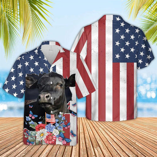 Hawaiian Cow Shirt, Black Angus 4Th Of July 3D Hawaiian Shirt, Animal Hawaiian Shirts, Farmer Shirts