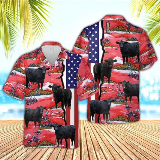 Hawaiian Cow Shirt, Black Angus American Flag Farming 3D Hawaiian Shirt, Animal Hawaiian Shirts, Farmer Shirts