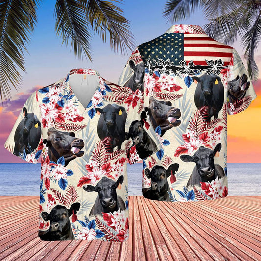 Hawaiian Cow Shirt, Black Angus American Flag Hawaiian Flowers All Over Printed 3D Hawaiian Shirt, Animal Hawaiian Shirts, Farmer Shirts