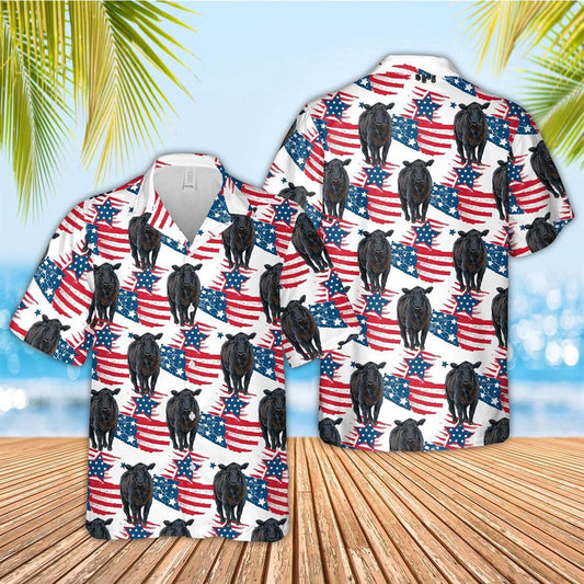 Hawaiian Cow Shirt, Black Angus American Flag Hawaiian Shirt, Animal Hawaiian Shirts, Farmer Shirts