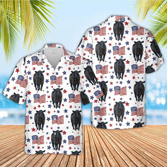 Hawaiian Cow Shirt, Black Angus American Flag Pattern Hawaiian Shirt, Animal Hawaiian Shirts, Farmer Shirts