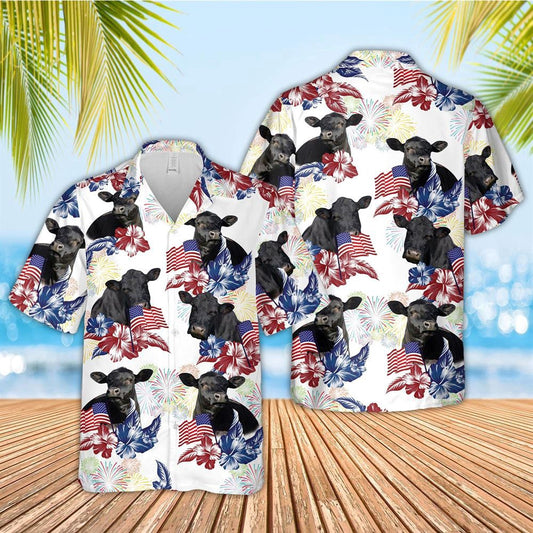 Hawaiian Cow Shirt, Black Angus American Flowers And Flag Pattern Hawaiian Shirt, Animal Hawaiian Shirts, Farmer Shirts