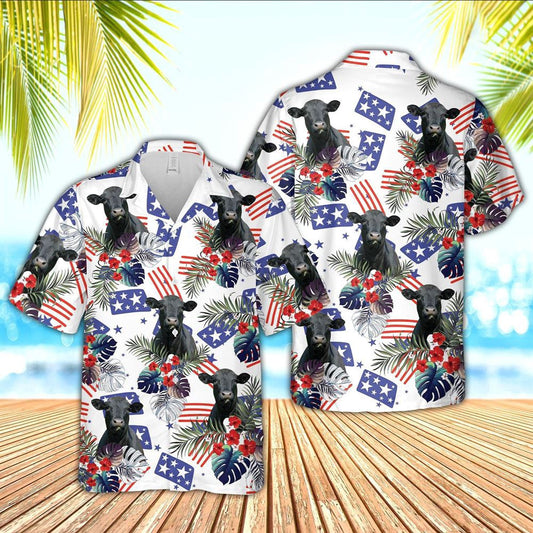 Hawaiian Cow Shirt, Black Angus American Little Flowers And Flag Pattern Hawaiian Shirt, Animal Hawaiian Shirts, Farmer Shirts