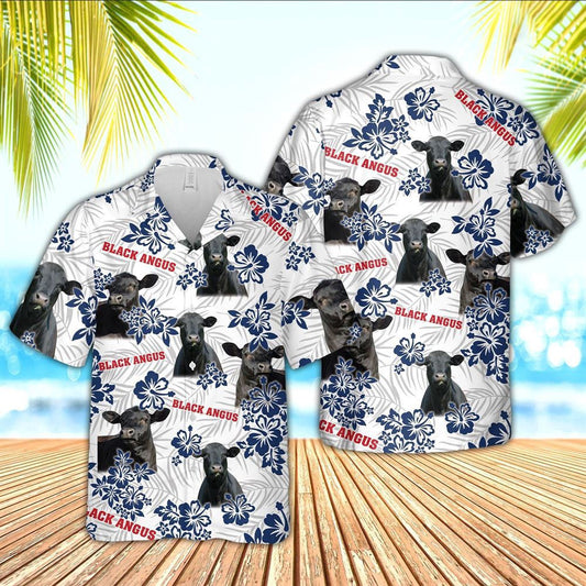 Hawaiian Cow Shirt, Black Angus American White Flowers Pattern Hawaiian Shirt, Animal Hawaiian Shirts, Farmer Shirts