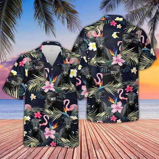 Hawaiian Cow Shirt, Black Angus And Flamingo Flower Pattern 3D Hawaiian Shirt, Animal Hawaiian Shirts, Farmer Shirts