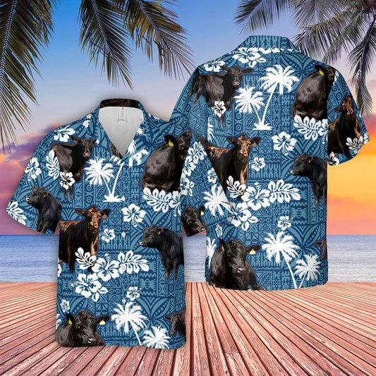 Hawaiian Cow Shirt, Black Angus Blue Tribal All Over Printed 3D Hawaiian Shirt, Animal Hawaiian Shirts, Farmer Shirts