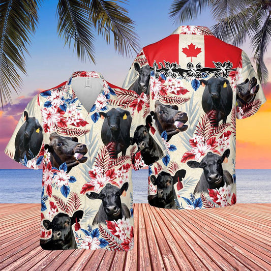 Hawaiian Cow Shirt, Black Angus Canada Flag Hawaiian Flowers All Over Printed 3D Hawaiian Shirt, Animal Hawaiian Shirts, Farmer Shirts
