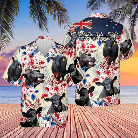 Hawaiian Cow Shirt, Black Angus Cattle Australia Flag Hawaiian Flowers Hawaiian Shirt, Animal Hawaiian Shirts, Farmer Shirts