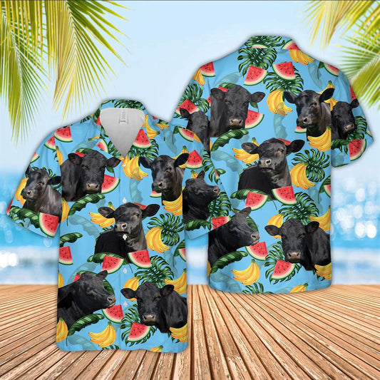 Hawaiian Cow Shirt, Black Angus Cattle Blue Tropical Fruits Pattern Hawaiian Shirt, Animal Hawaiian Shirts, Farmer Shirts