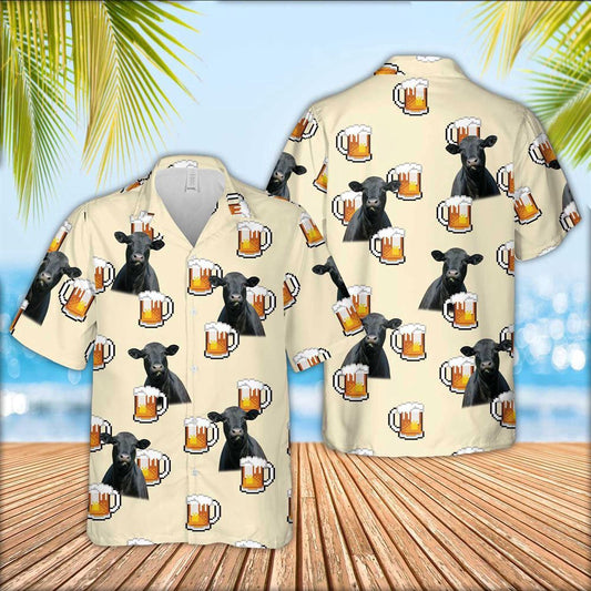 Hawaiian Cow Shirt, Black Angus Cattle Drink Beer Pattern Hawaiian Shirt, Animal Hawaiian Shirts, Farmer Shirts